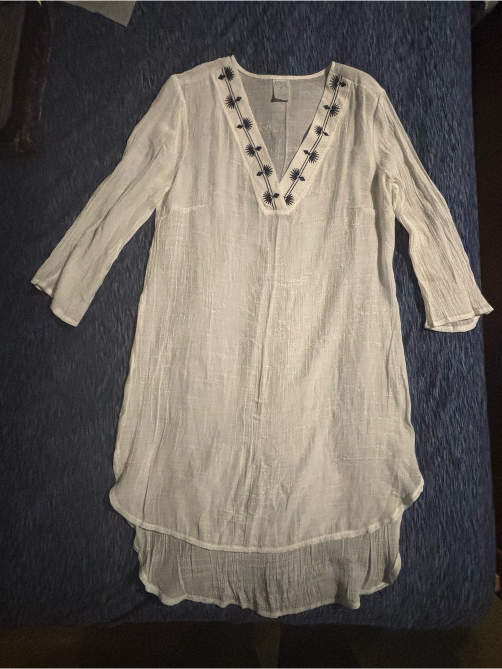 Kona Sol White Textured V-Neck Tunic. Hand sewn.